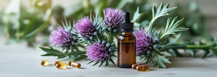 Blog of TUDCA vs. Milk Thistle: Which One Supports Your Liver Best? which have image A small amber dropper bottle sits beside golden capsules on a light wooden surface, surrounded by fresh purple milk thistle flowers and spiky green leaves. 