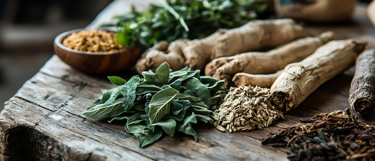 Blog of Rhodiola vs. Ashwagandha: Which Adaptogen Should You Choose? which have image A rustic wooden table displays an assortment of dried and fresh medicinal herbs, including sage leaves, fennel seeds, and various healing roots like ginger and ginseng, evoking a sense of traditional herbal medicine.