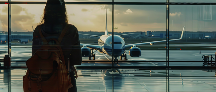 Blog of Best Supplements & Vitamins for Traveling which have image A silhouette of a traveler with a backpack standing by a large window, looking at an airplane on the runway during sunset.